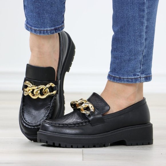 Shoes - Chunky Lug Sole Slip On Penny Loafers Platform With Gold Chain